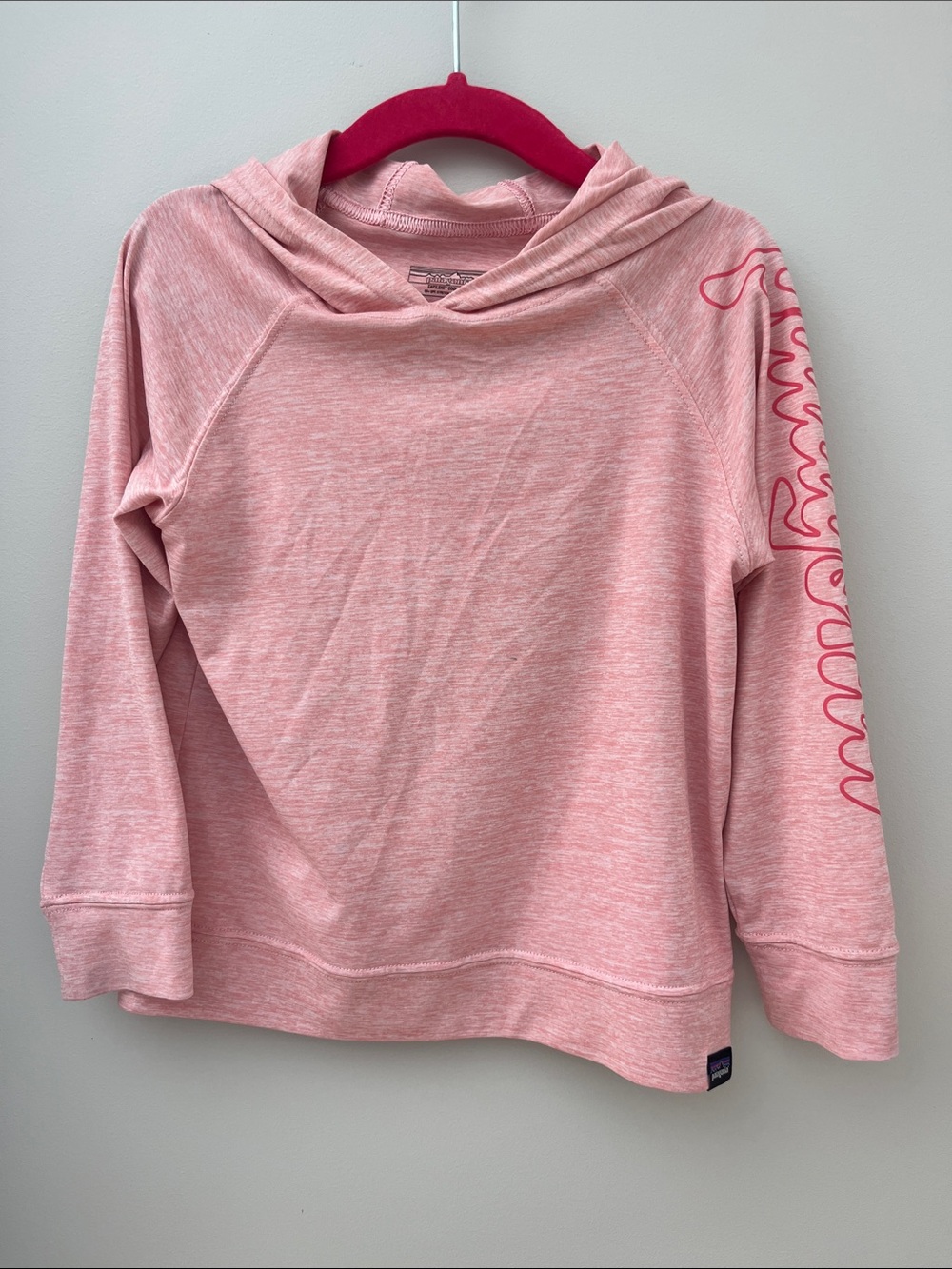Patagonia Heather Pink Hooded Sweatshirt with Script Sleeve